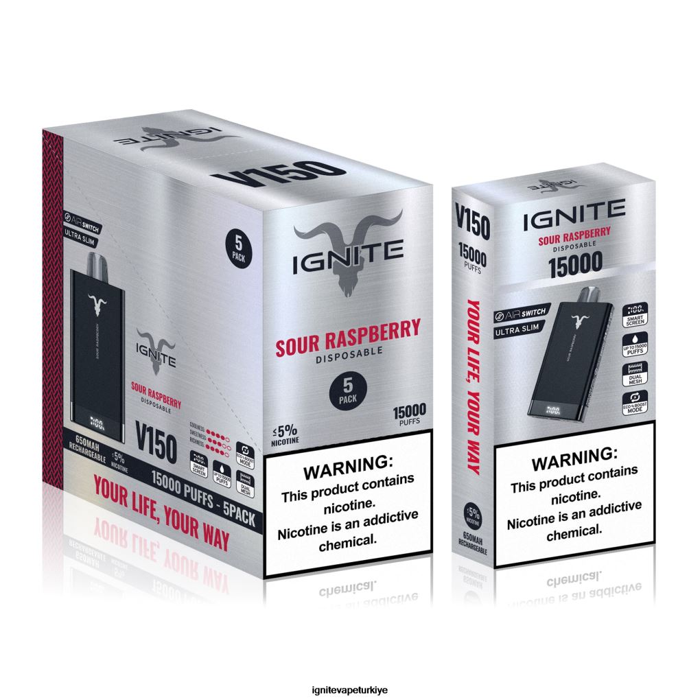 IGNITE V150 vape kalemi 5'li paket ekşi ahududu 6D6D8X90 - IGNITE Elektronik Sigara