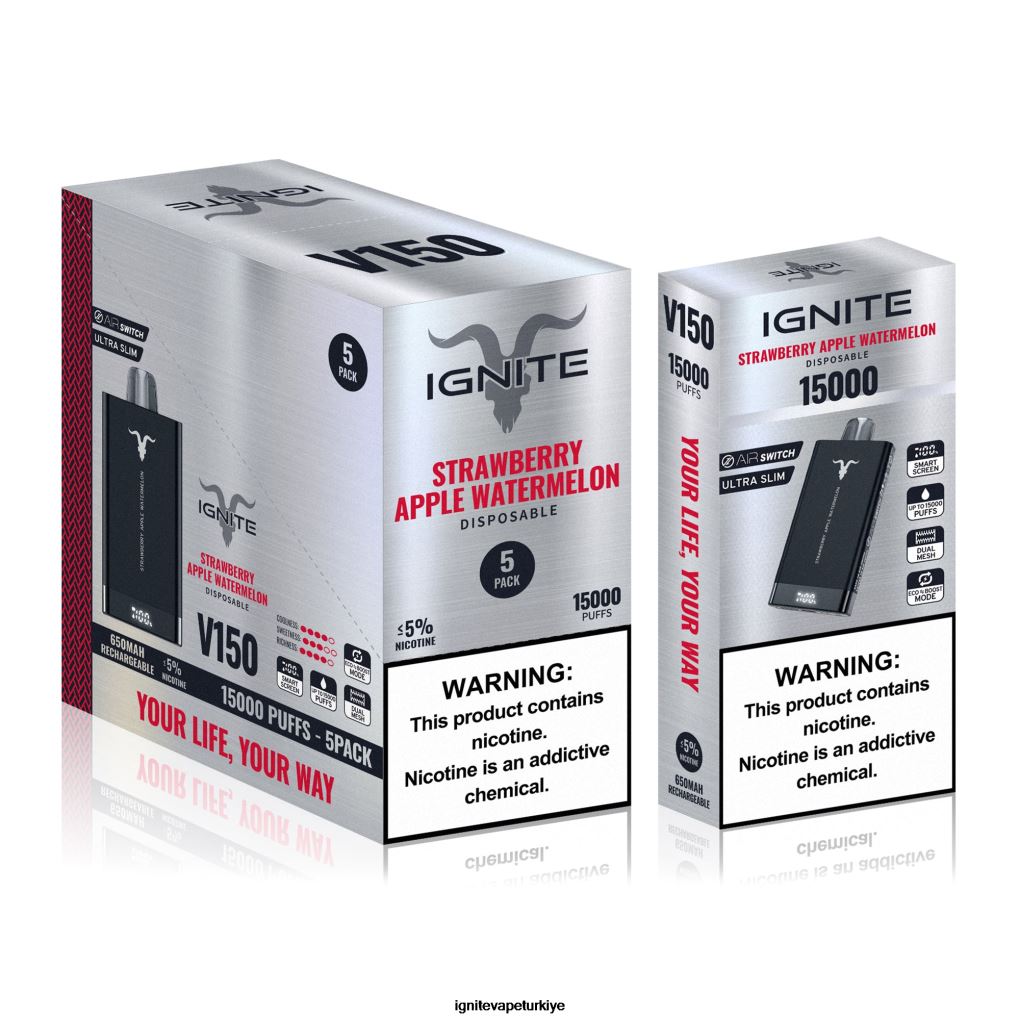 IGNITE V150 vape kalemi 5'li paket çilek elma karpuz 6D6D8X91 - IGNITE Puff Price