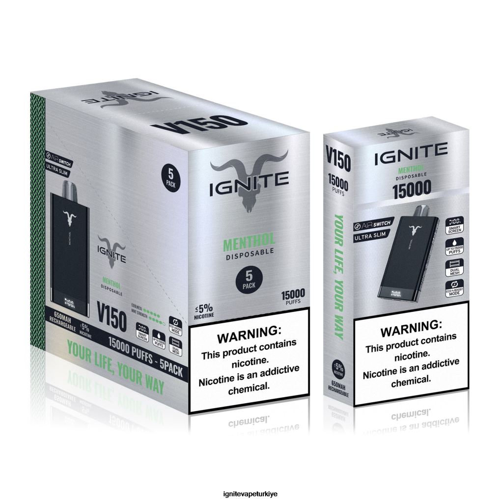 IGNITE V150 vape kalemi 5'li paket mentol 6D6D8X87 - IGNITE Türkiye