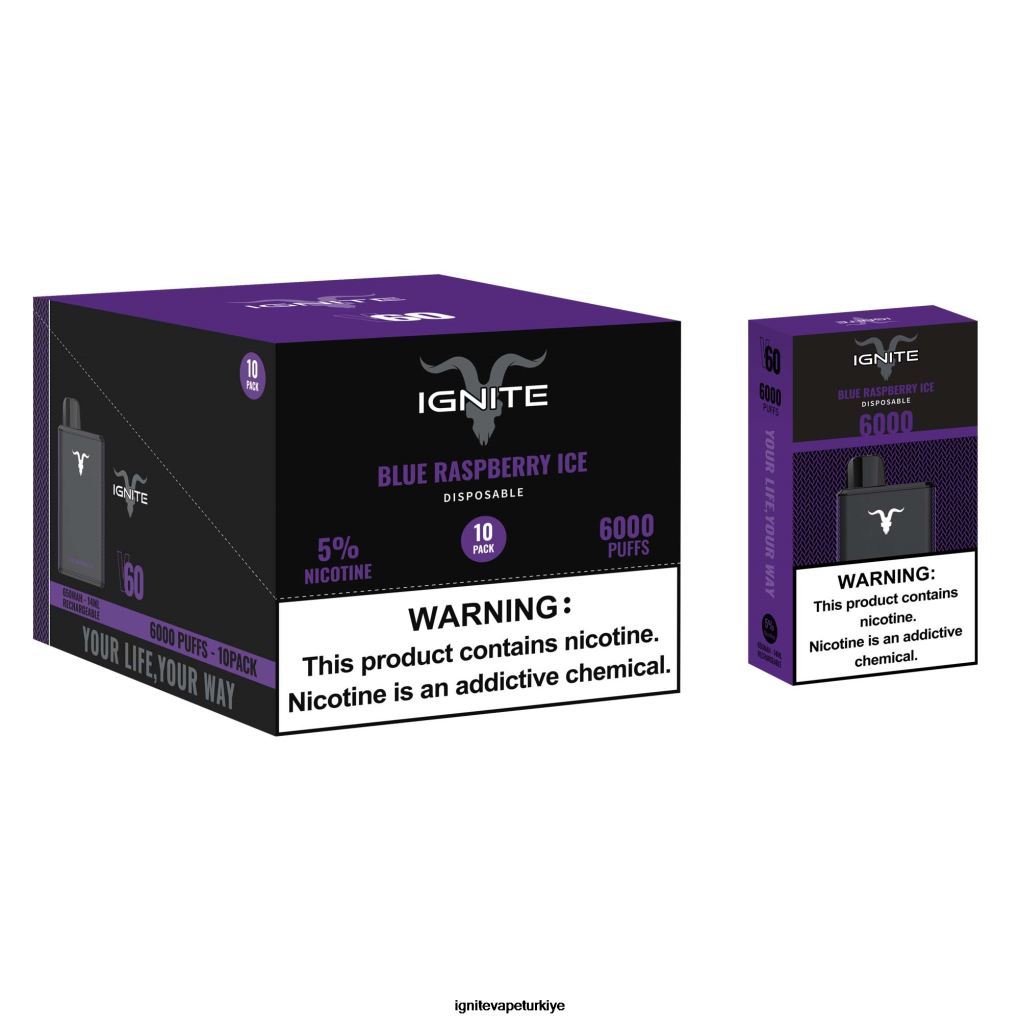 IGNITE V60 vape kalemi 10'lu paket mavi ahududu buz 6D6D8X15 - IGNITE Pods Review