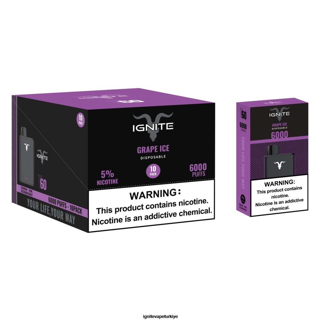 IGNITE V60 vape kalemi 10'lu paket üzüm buzu 6D6D8X18 - IGNITE Puff Türkiye